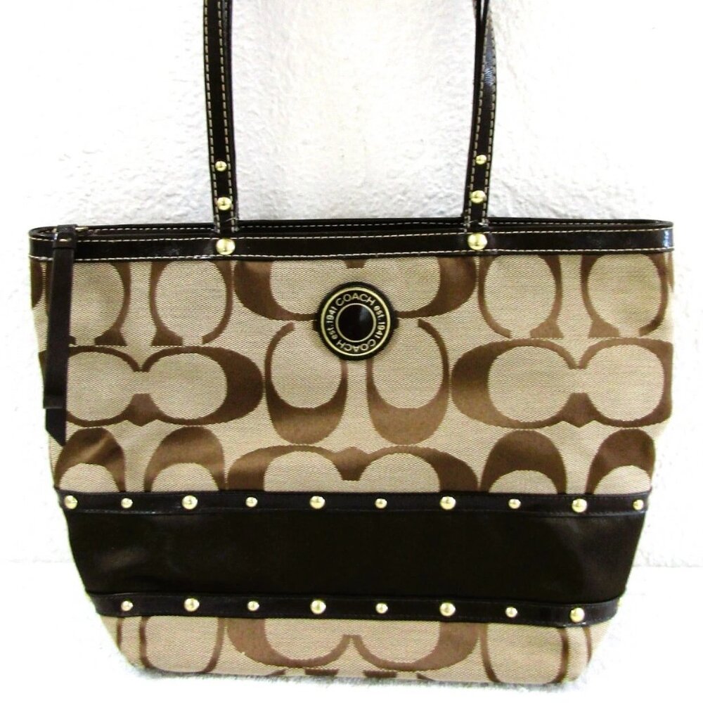Coach Signature Brown Tan Canvas F20014 Studded Two Handled Handbag Tote